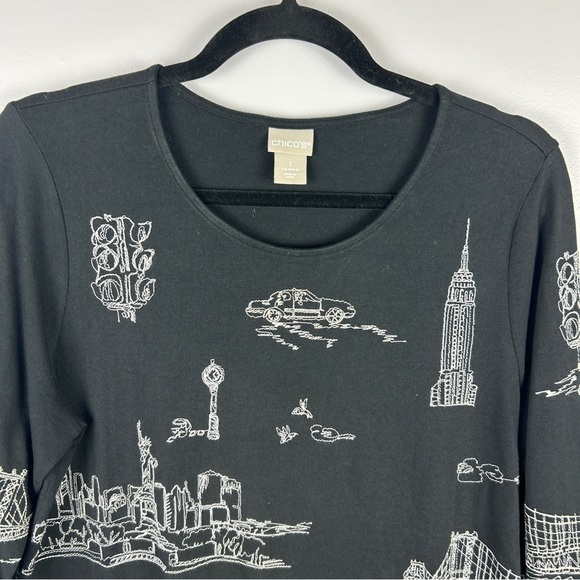 Chico's Embroidered Scenic Long Sleeve Cotton Modal Tee Medium Black - Picture 5 of 14